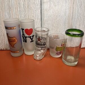 Lot Of 5 Shot Glasses All Different Sizes, NY, Texas, Bahamas, Mexico Souvenirs